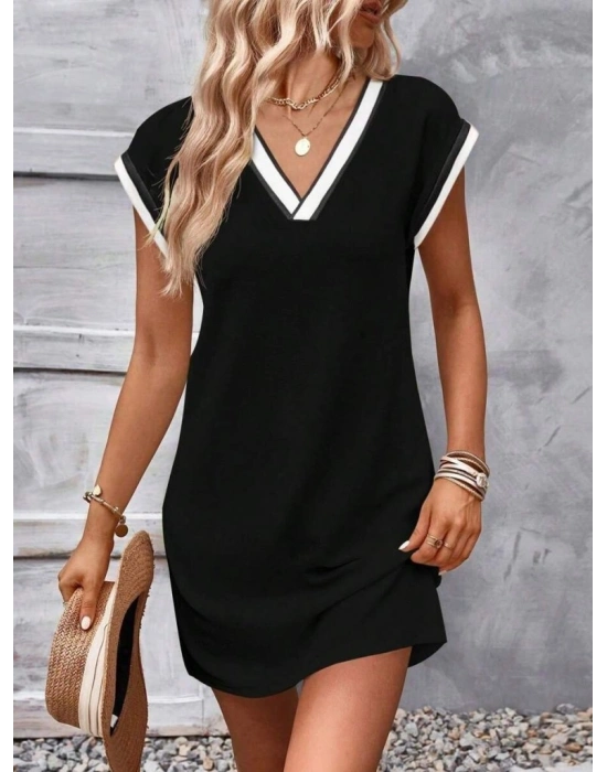 Kadın Kısa Kollu V Yakalı Ribanalı odal ini Elbise