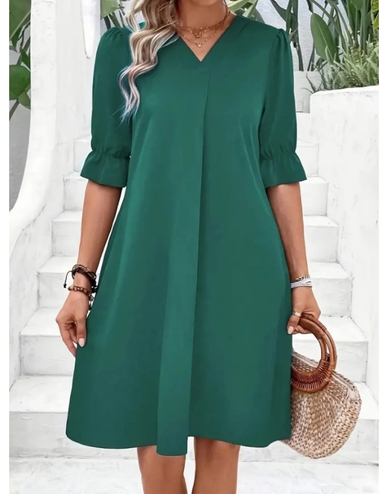 Kadın Kısa Kollu V Yakalı Salaş Janjan Krep Elbise