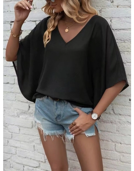 Kadın Kısa Kollu V Yakalı Salaş Viskon Bluz