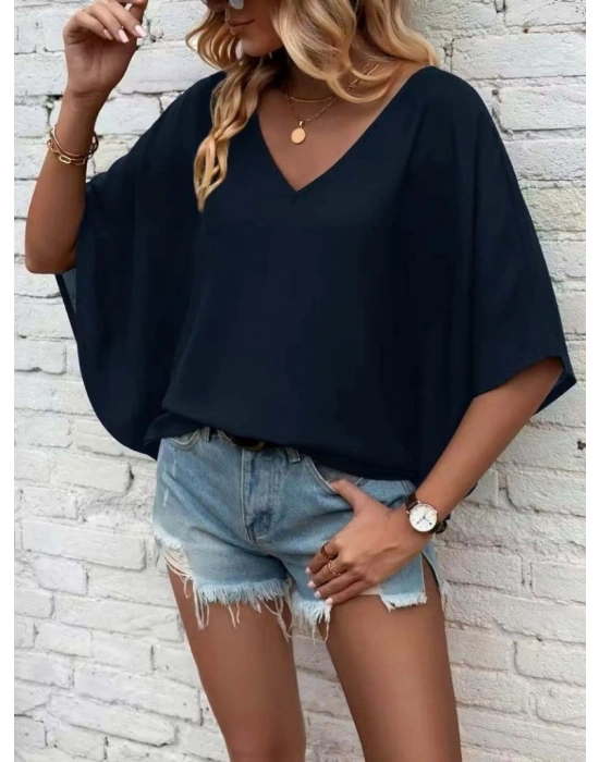 Kadın Kısa Kollu V Yakalı Salaş Viskon Bluz