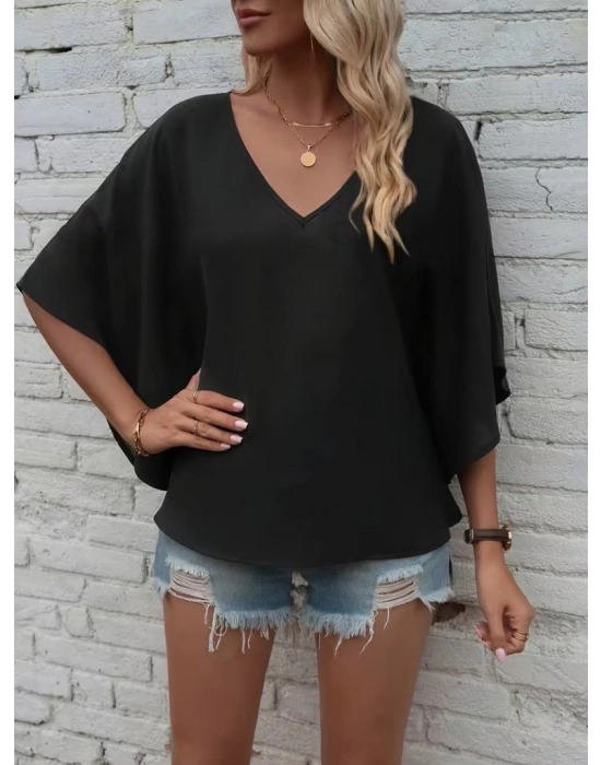 Kadın Kısa Kollu V Yakalı Salaş Viskon Bluz