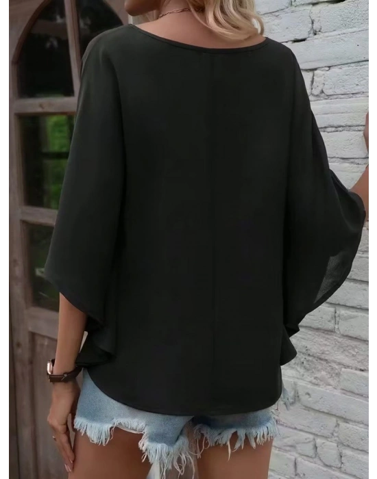 Kadın Kısa Kollu V Yakalı Salaş Viskon Bluz