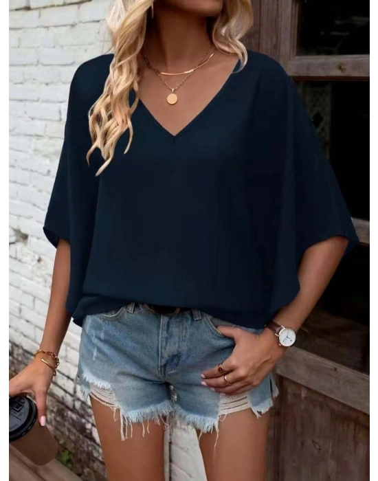 Kadın Kısa Kollu V Yakalı Salaş Viskon Bluz