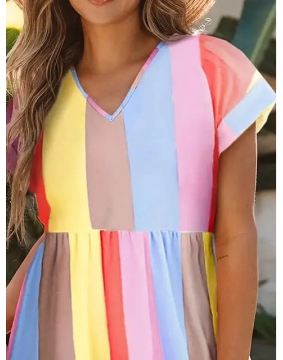 Kadın Kısa Kollu V Yakalı şerit Desenli Süprem Elbise