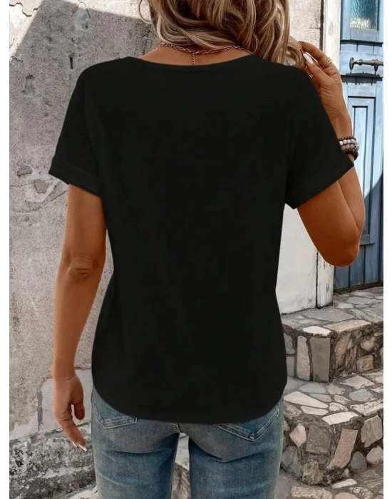 Kadın Kısa Kollu V Yakalı şerit Detaylı Viskon Bluz