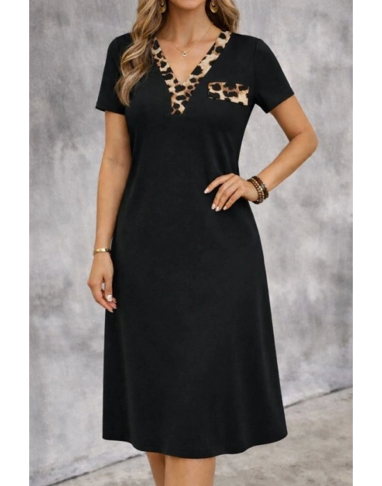 Kadın Kısa Kollu V Yakalı Süs Cep Detaylı Midi Viskon Elbise