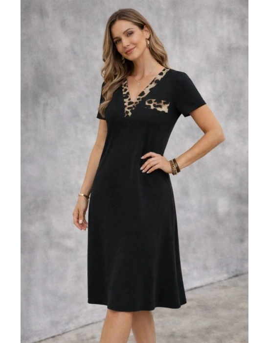 Kadın Kısa Kollu V Yakalı Süs Cep Detaylı Midi Viskon Elbise