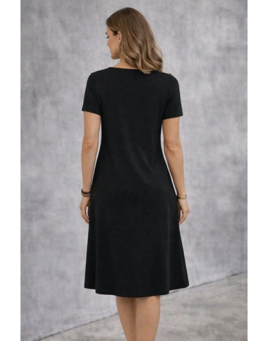 Kadın Kısa Kollu V Yakalı Süs Cep Detaylı Midi Viskon Elbise