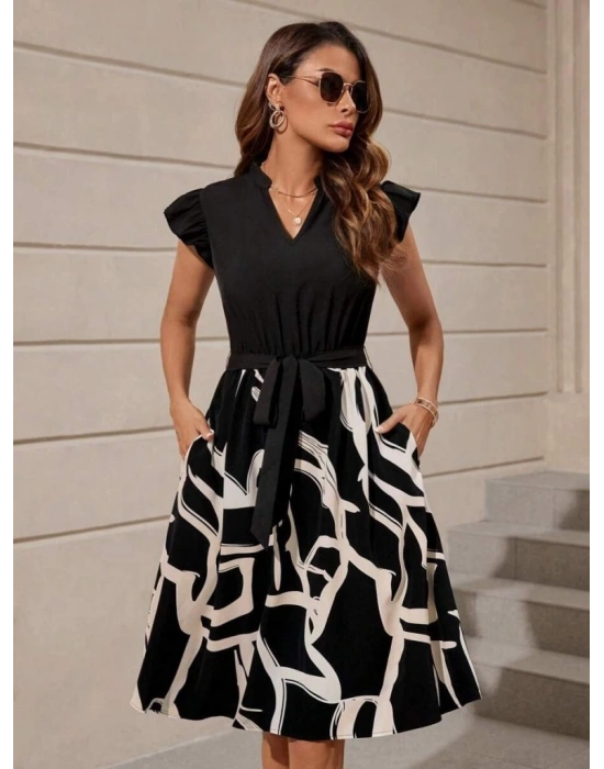 Kadın Kısa Kollu V Yakalı üst Janjan Krep Alt Desenli Süprem Mini Elbise