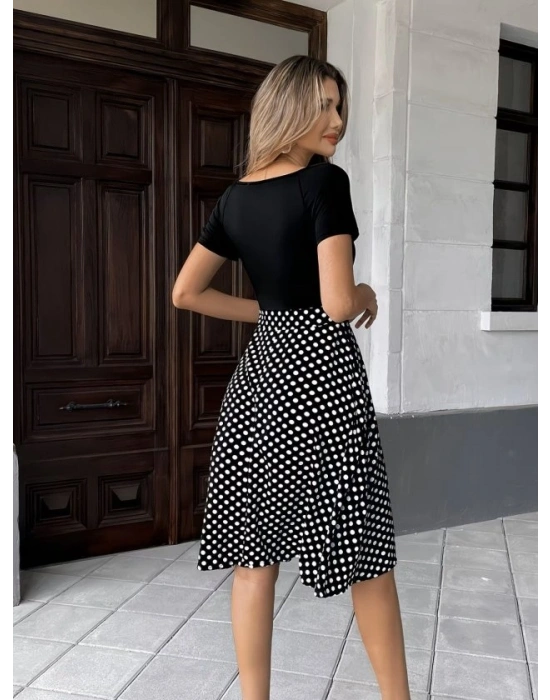 Kadın Kısa Kollu V Yakalı üst Viskon Alt Puantiyeli Kısa örme Krep Elbise