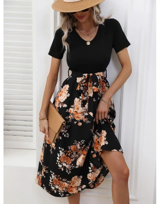 Kadın Kısa Kollu V Yakalı üst Viskon Alt Süprem Midi Elbise