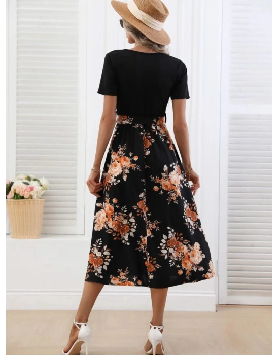 Kadın Kısa Kollu V Yakalı üst Viskon Alt Süprem Midi Elbise