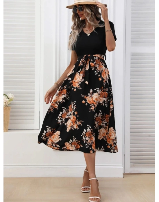 Kadın Kısa Kollu V Yakalı üst Viskon Alt Süprem Midi Elbise