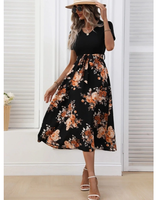 Kadın Kısa Kollu V Yakalı üst Viskon Alt Süprem Midi Elbise