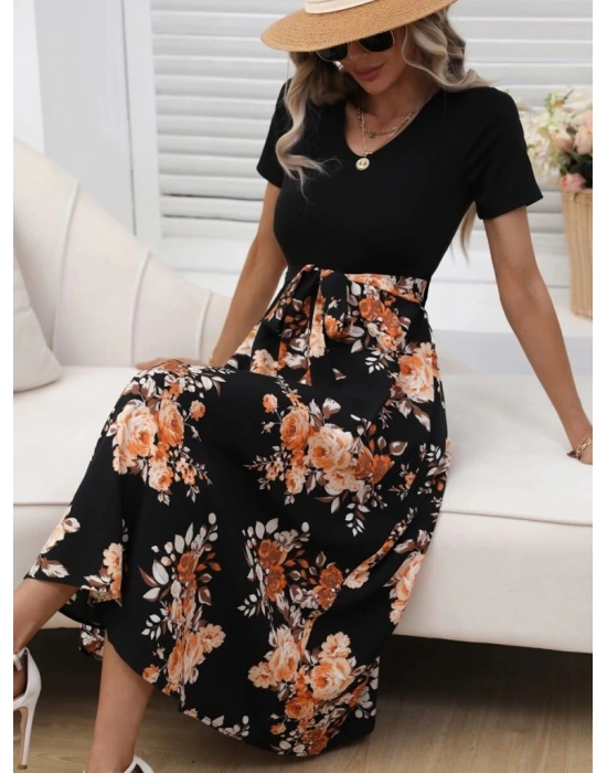 Kadın Kısa Kollu V Yakalı üst Viskon Alt Süprem Midi Elbise