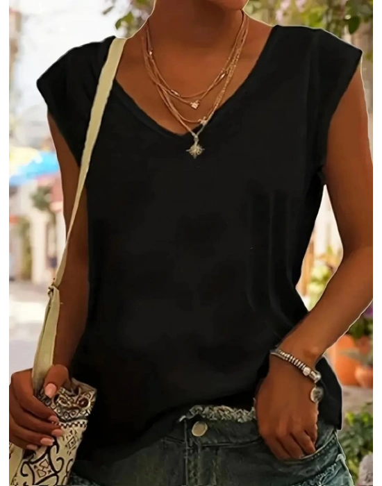 Kadın Kısa Kollu V Yakalı Viskon Bluz