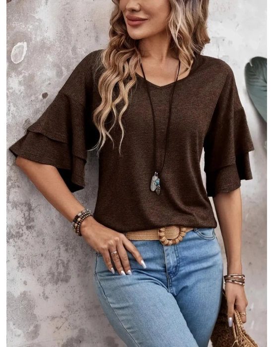 Kadın Kısa Kollu V Yakalı Viskon Bluz