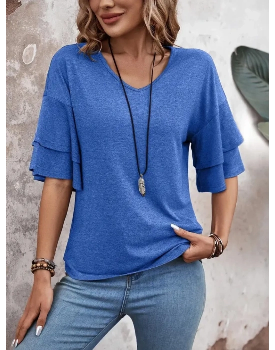 Kadın Kısa Kollu V Yakalı Viskon Bluz