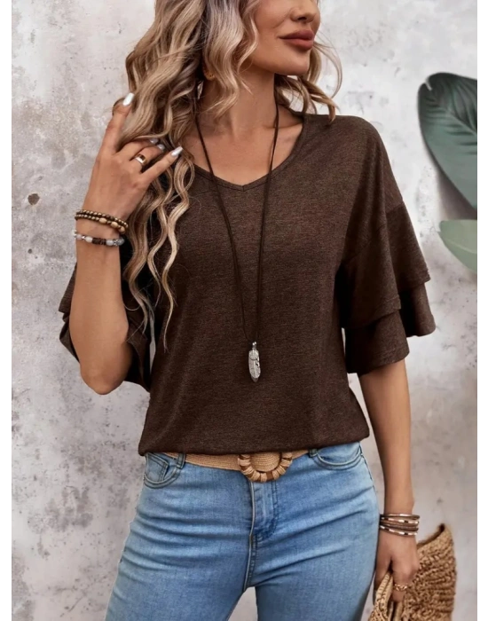 Kadın Kısa Kollu V Yakalı Viskon Bluz