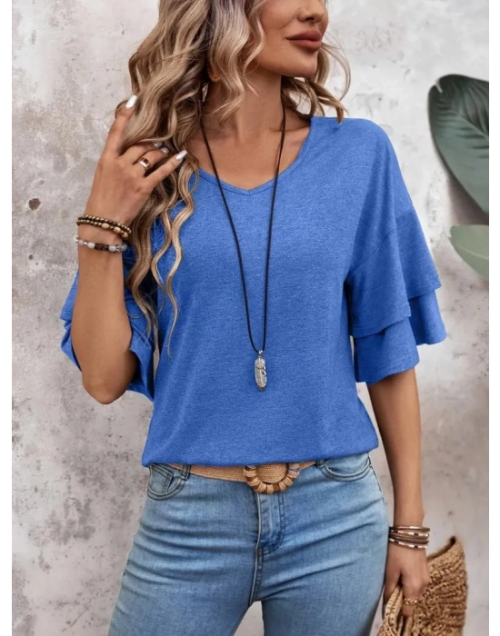 Kadın Kısa Kollu V Yakalı Viskon Bluz