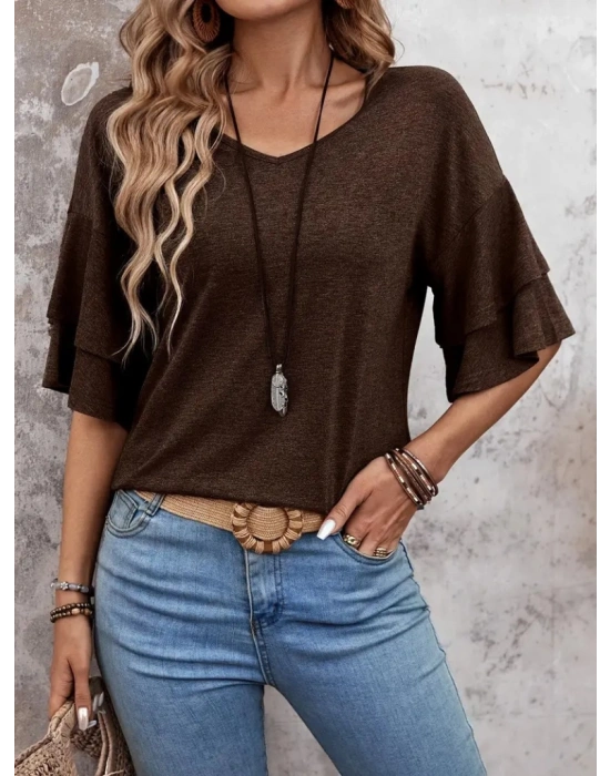 Kadın Kısa Kollu V Yakalı Viskon Bluz