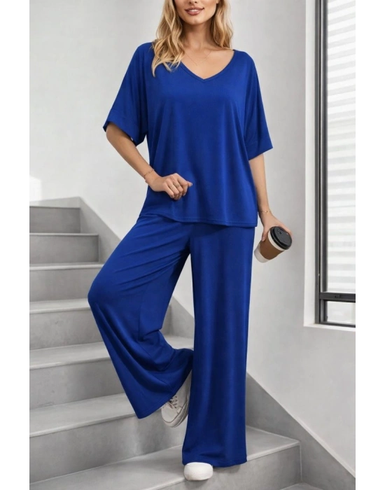 Kadın Kısa Kollu V Yakalı Viskon Bluz Ve Pantolon Ikili Takım