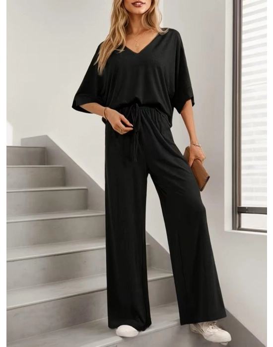 Kadın Kısa Kollu V Yakalı Viskon Bluz Ve Pantolon Ikili Takım