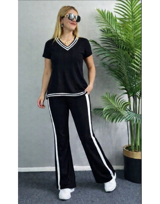 Kadın Kısa Kollu V Yakalı Viskon Iki Iplik Bluz Ve Pantolon Ikili Takım