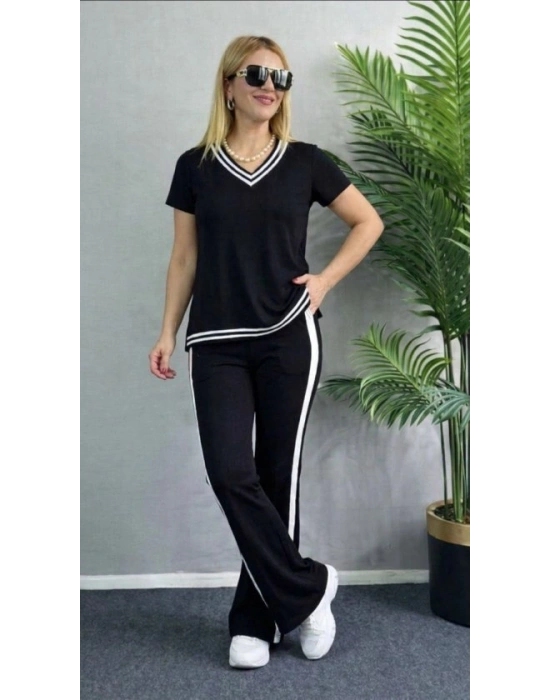 Kadın Kısa Kollu V Yakalı Viskon Iki Iplik Bluz Ve Pantolon Ikili Takım