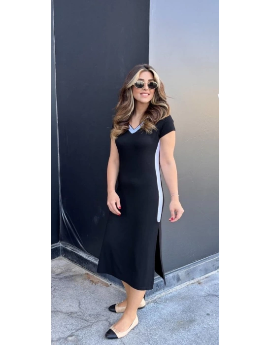 Kadın Kısa Kollu V Yakalı Yandan şerit Ve Yırtmaçlı Viskon Uzun Elbise