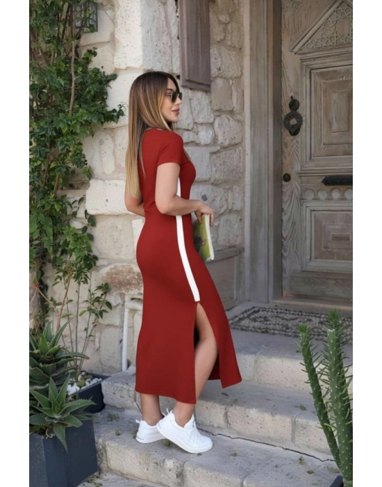 Kadın Kısa Kollu V Yakalı Yandan şerit Ve Yırtmaçlı Viskon Uzun Elbise