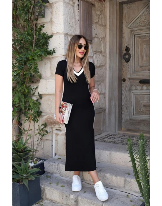 Kadın Kısa Kollu V Yakalı Yandan şerit Ve Yırtmaçlı Viskon Uzun Elbise