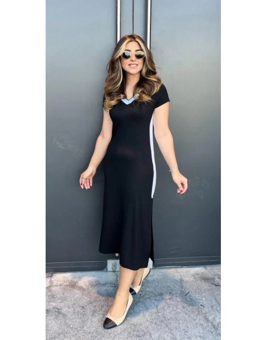 Kadın Kısa Kollu V Yakalı Yandan şerit Ve Yırtmaçlı Viskon Uzun Elbise