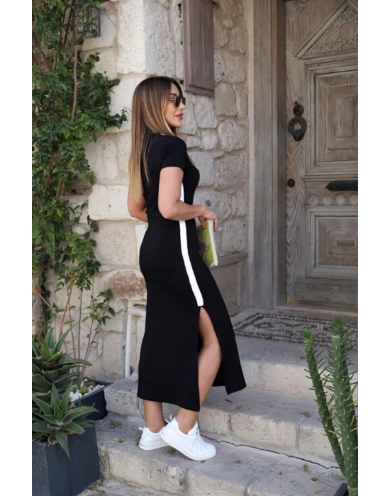 Kadın Kısa Kollu V Yakalı Yandan şerit Ve Yırtmaçlı Viskon Uzun Elbise