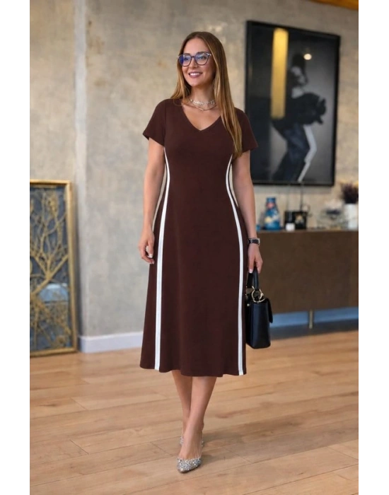Kadın Kısa Kollu V Yakalı Yanları şerit Detaylı Viskon Iki Iplik Midi Elbise