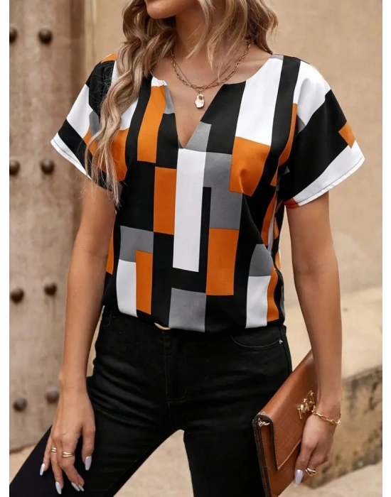 Kadın Kısa Kollu V Yakalı Yarasa Kollu Atlas Bluz