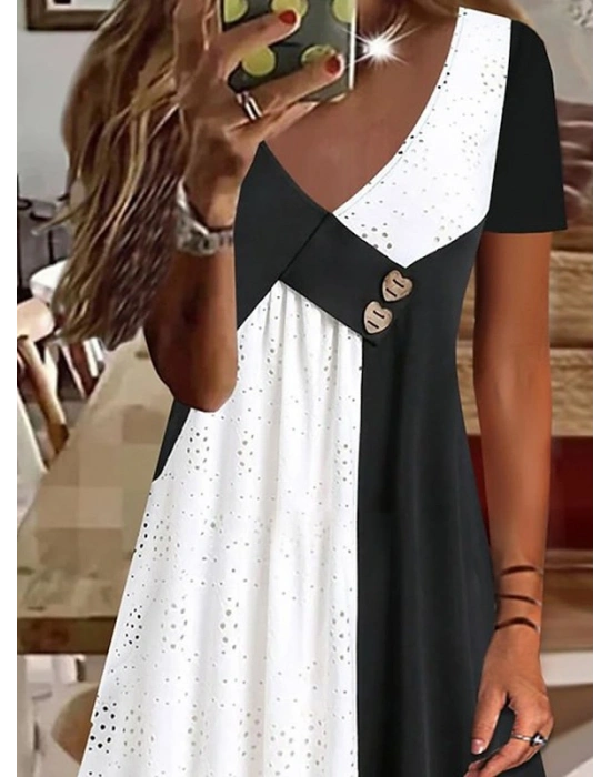 Kadın Kısa Kollu V Yakalı Zıt Renkli Brode Artı Viskon Elbise