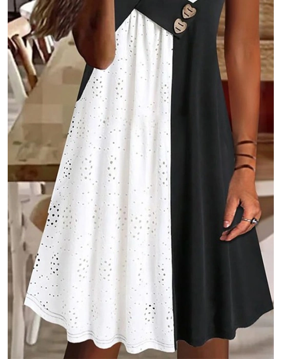 Kadın Kısa Kollu V Yakalı Zıt Renkli Brode Artı Viskon Elbise