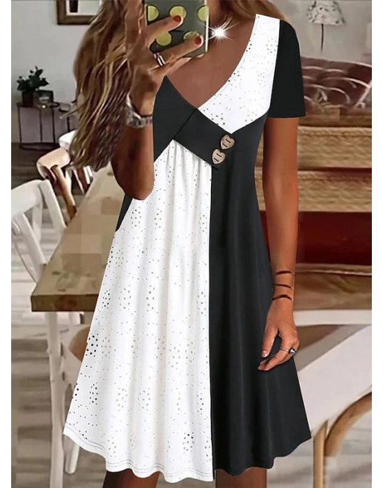 Kadın Kısa Kollu V Yakalı Zıt Renkli Brode Artı Viskon Elbise