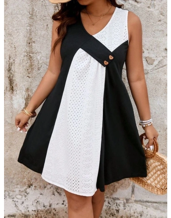 Kadın Kısa Kollu V Yakalı Zıt Renkli Brode Artı Viskon Elbise