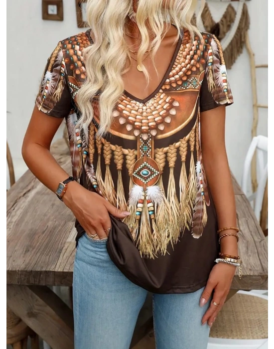 Kadın Kısa Kollu V Yakalısalaş Etnik Desenli Süprem Bluz