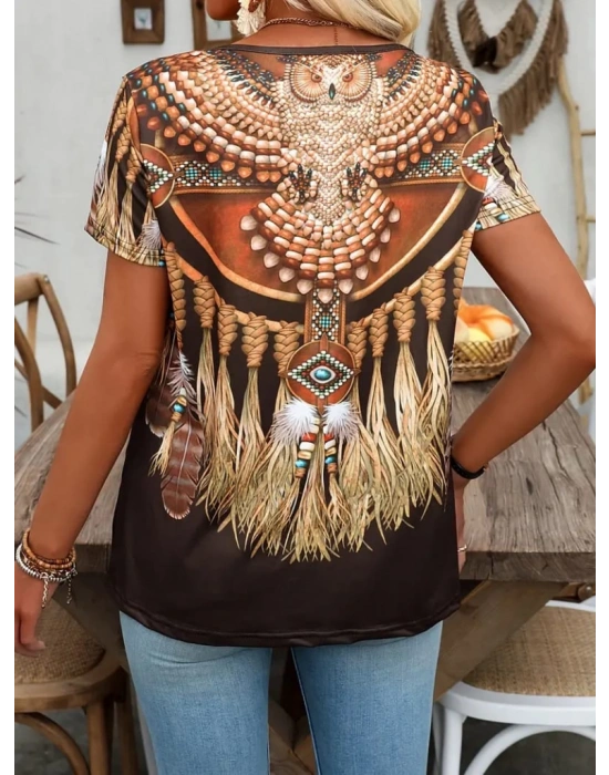 Kadın Kısa Kollu V Yakalısalaş Etnik Desenli Süprem Bluz