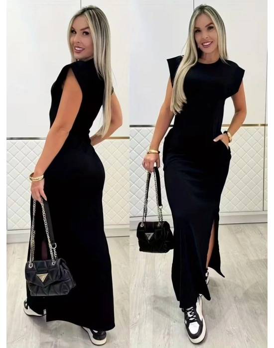 Kadın Kısa Kollu Vatkalı Cep Detaylı Yırtmaçlı Viskon Uzun Elbise