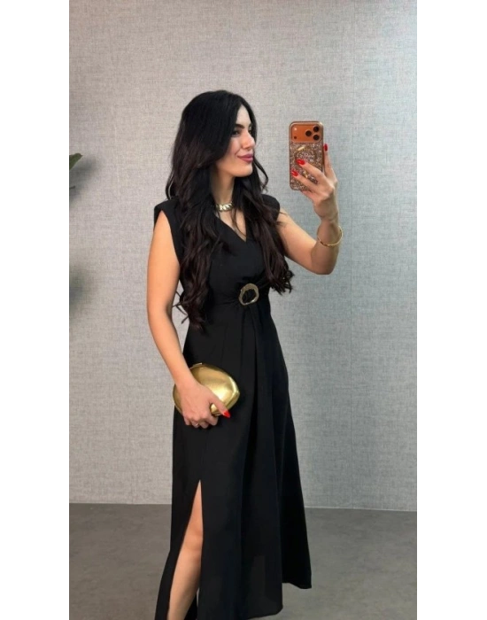 Kadın Kısa Kollu Vatkalı önden Tokalı Yandan Yırtmaçlı Uzun Ithal Krep Elbise