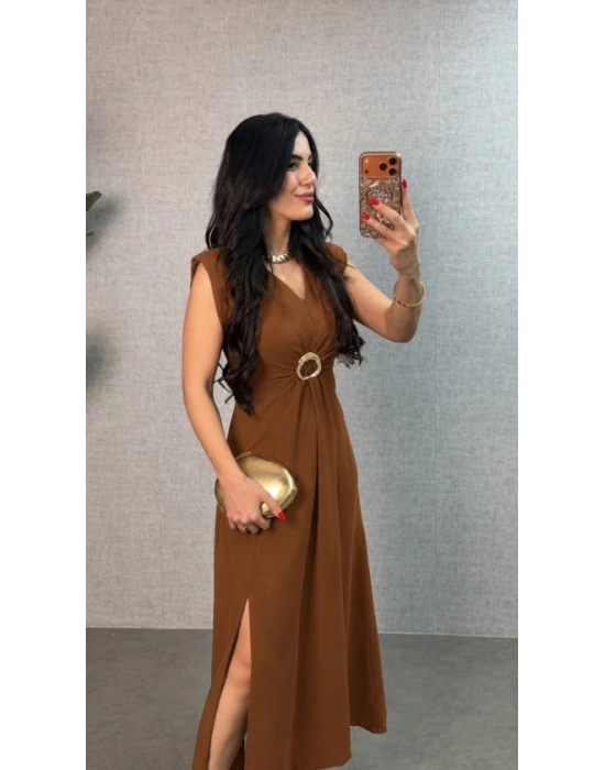 Kadın Kısa Kollu Vatkalı önden Tokalı Yandan Yırtmaçlı Uzun Ithal Krep Elbise