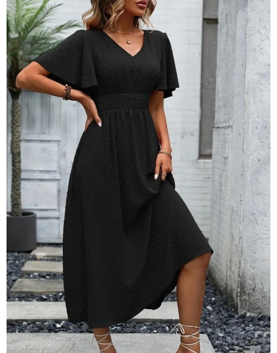 Kadın Kısa Kollu Volanlı Kol Beli Gipeli Jakarlı Vual Midi Boy Elbise