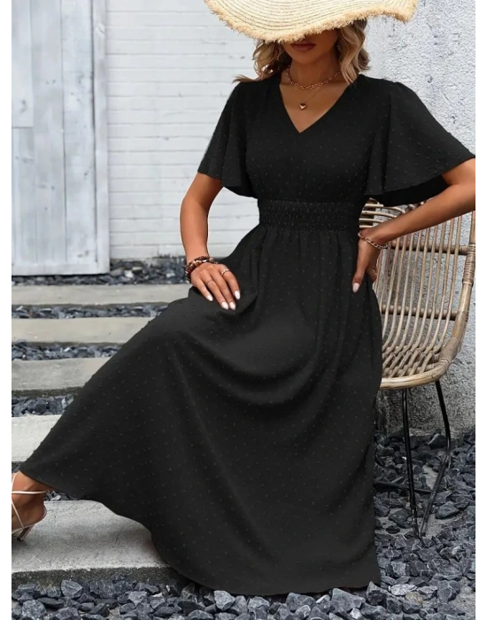 Kadın Kısa Kollu Volanlı Kol Beli Gipeli Jakarlı Vual Midi Boy Elbise