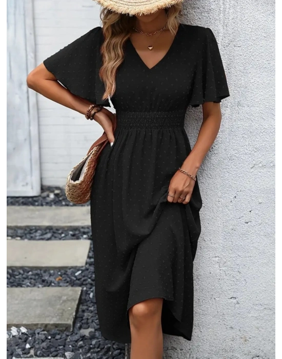 Kadın Kısa Kollu Volanlı Kol Beli Gipeli Jakarlı Vual Midi Boy Elbise