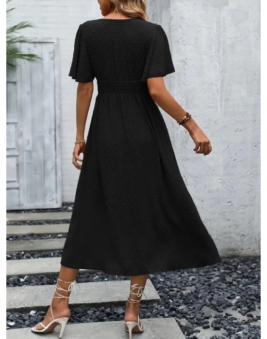 Kadın Kısa Kollu Volanlı Kol Beli Gipeli Jakarlı Vual Midi Boy Elbise