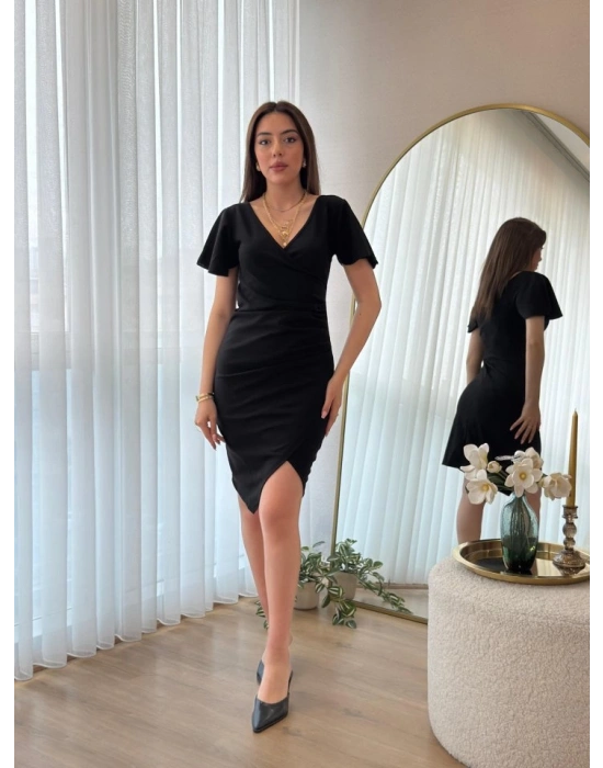 Kadın Kısa Kollu Volanlı Kruvaze Yaka Yanlardan Büzgülü Ithal Krep Elbise